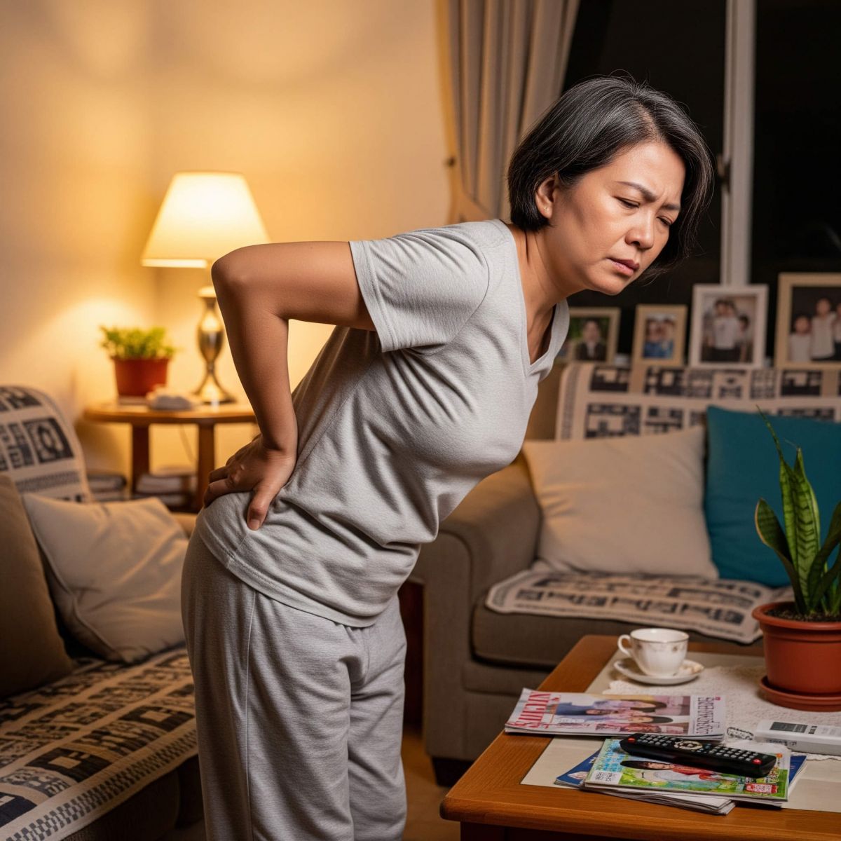 在家中的客廳，一位中年婦女因長時間姿勢不良或過度勞累，導致腰部痠痛，她正彎著腰、手扶著下背部，表情顯得相當不舒服。